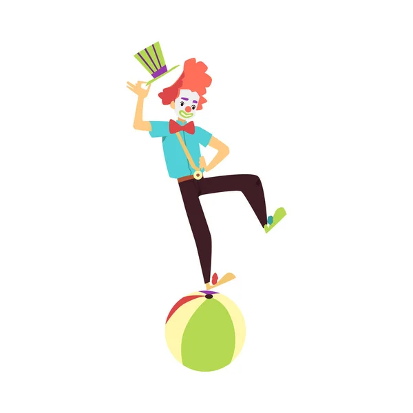 Amusant clown équilibre équilibre sur boule plat vecteur illustration isolé. — Image vectorielle