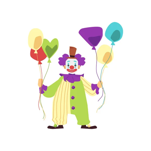 Смешной счастливый клоун в красочном костюме и макияже держит красочные воздушные шары. — стоковый вектор