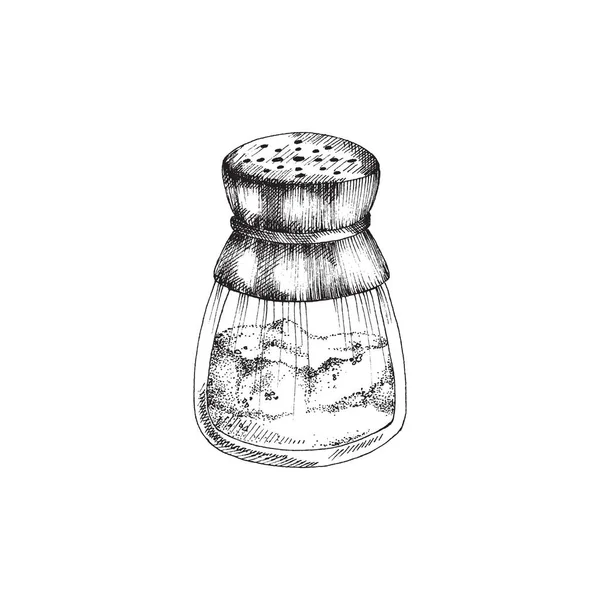 Mão desenhado sal agitador utensílio gravura monocromático vetor ilustração isolado. — Vetor de Stock