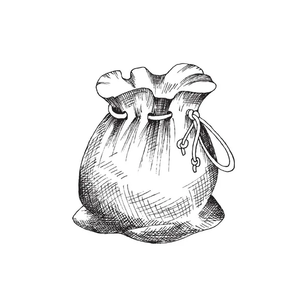 Sac ou sac en toile avec cordes, illustration vectorielle de gravure isolée. — Image vectorielle