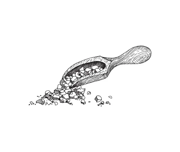 Colher de madeira com pedaços de sal marinho ou açúcar uma ilustração vetorial em um branco. —  Vetores de Stock