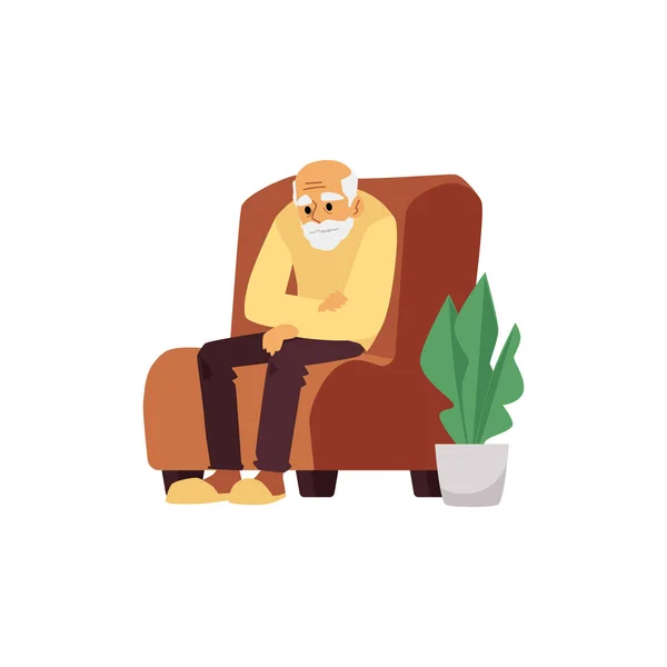 Sandalyede dinlenen yorgun yaşlı bir adam, beyaz üzerinde izole edilmiş düz vektör çizimi. — Stok Vektör