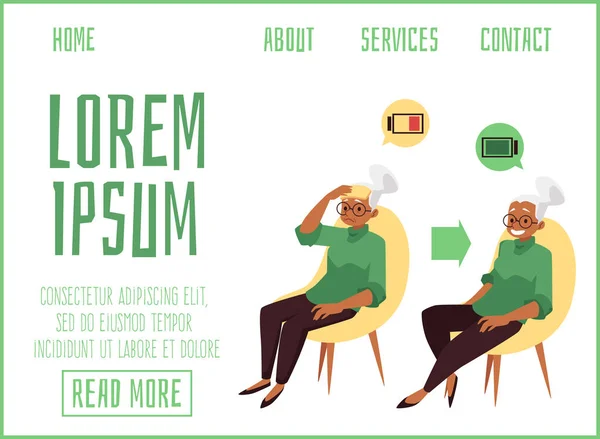 Site web avec femme âgée fatiguée et reposée énergique, illustration vectorielle plate. — Image vectorielle