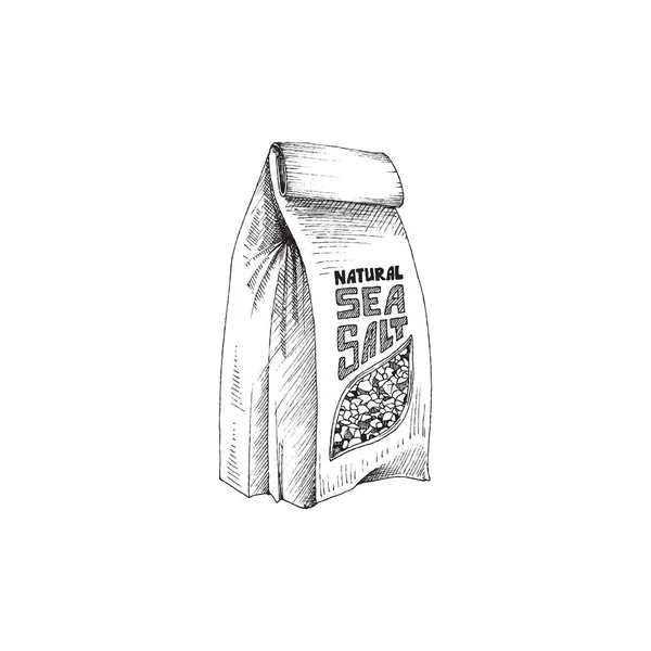 Meersalzpapierbeutel, handgezeichnete Gravurvektorillustration isoliert auf Weiß. — Stockvektor