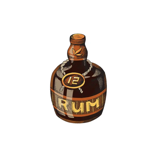 Vintage braune Rumflasche mit Etikett, Gravurvektorillustration isoliert. — Stockvektor