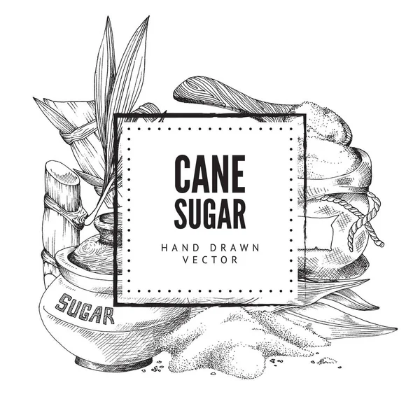 Schwarz-weiße, handgezeichnete Vektorillustration mit quadratischem Rahmen, grafischen Elementen aus Rohrzucker und Geschirr für Zucker. — Stockvektor