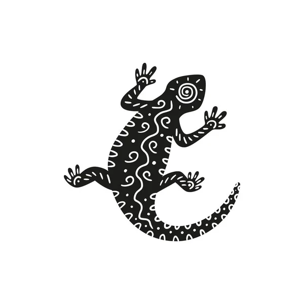 Silueta ještěrka ještěrka zdobená černobílým kmenovým ornamentem — Stockový vektor