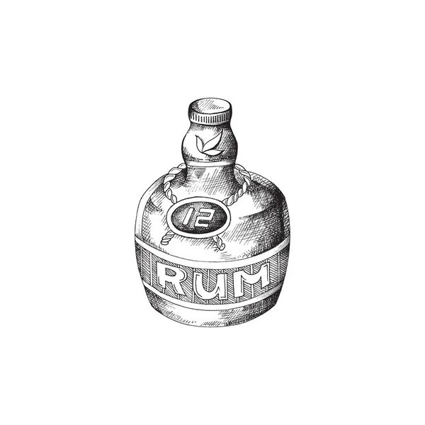 Hand drawn black and white vector illustration of rum bottle isolated on white background. — Stock Vector