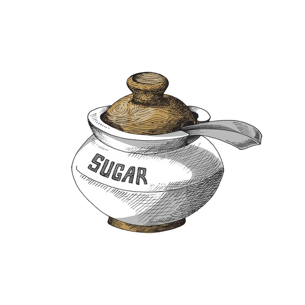 Ručně kreslená miska na cukr s dřevěným víčkem a lžičkou. Vektorová ilustrace cukerné misky izolované na bílém pozadí. — Stockový vektor