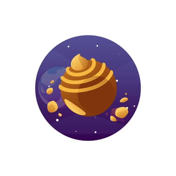 Sweet chocolate candy with cream, cookie, nuts and caramel in outer space. — Stock Vector