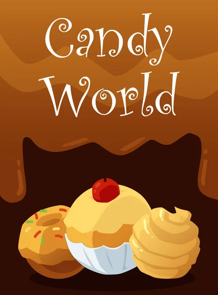 Candy world banner with chocolate caramel sweet and cake, vector illustration. — ストックベクタ