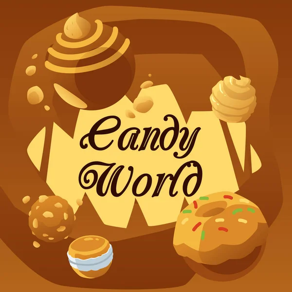 Candy world with chocolate, caramel,cream candy and pastry a vector flat poster. — Vector de stock