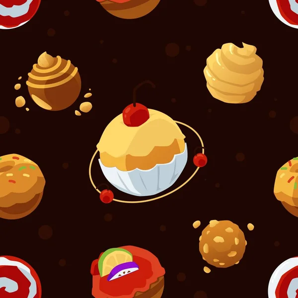 Seamless pattern with sweet candy and cake planets flat vector illustration. — Image vectorielle