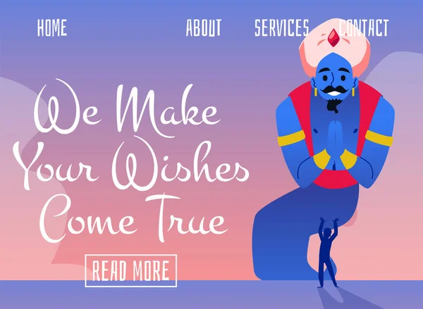 Design for service app with arabic genie making wishes come true of person. — 스톡 벡터