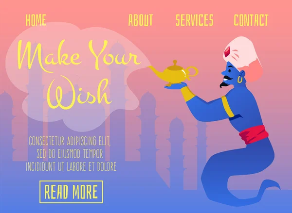 Banner for web with arabian magic genie granting wishes holding golden lamp. — Vetor de Stock