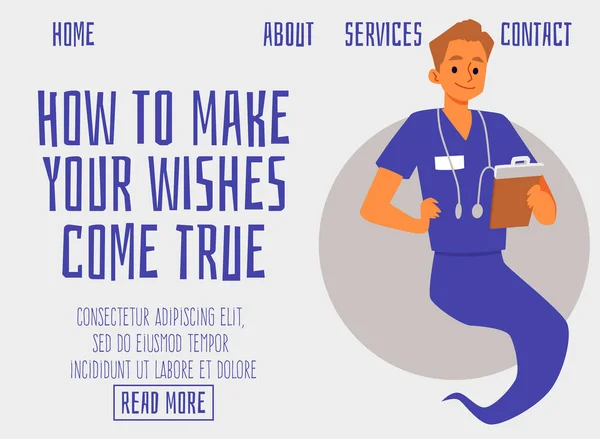 Website with genie as doctor or healthcare professional flat vector illustration. — Stock vektor