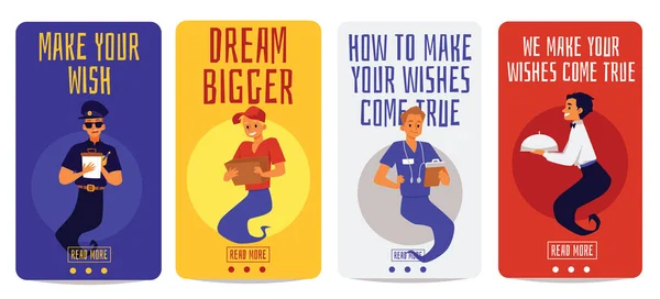 Banners with professional workers look like genie, flat vector illustration. — стоковый вектор