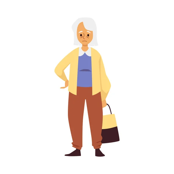 Κουρασμένη θλιβερή ηλικιωμένη γυναίκα στέκεται με τσάντα ψώνια στο χέρι μια διανυσματική απεικόνιση. — Διανυσματικό Αρχείο
