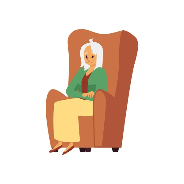 Tired sad aged woman sit in armchair a flat vector illustration. — стоковый вектор