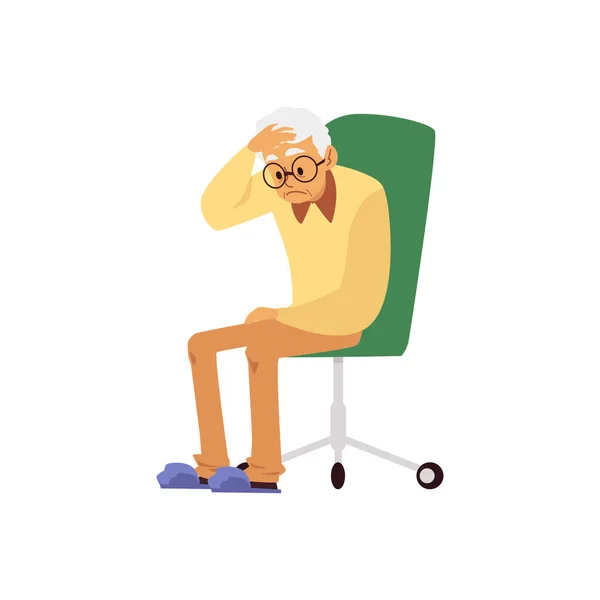 Tired aged man with headache sit on chair a flat cartoon vector illustration. — Stok Vektör