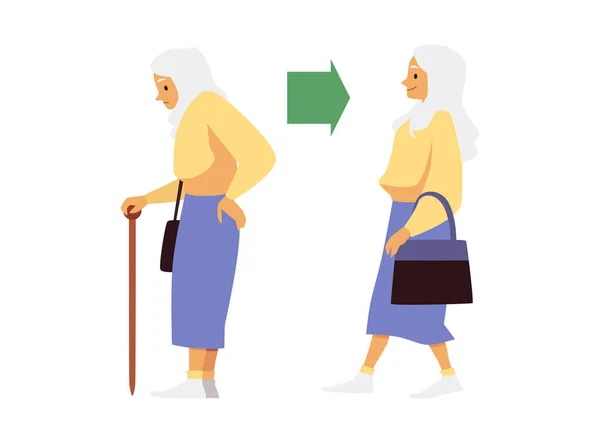 Oudere vrouw nauwelijks en bruisend lopen, platte vector illustratie geïsoleerd. — Stockvector