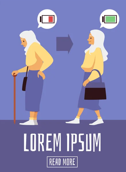 Vector poster with energetic and tired walking elderly woman — Vettoriale Stock