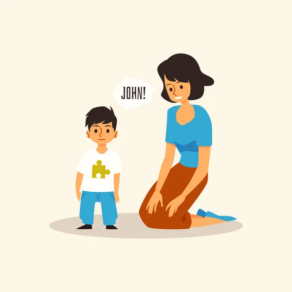 Moeder communiceert met zoon die autisme heeft, platte vector illustratie geïsoleerd. — Stockvector