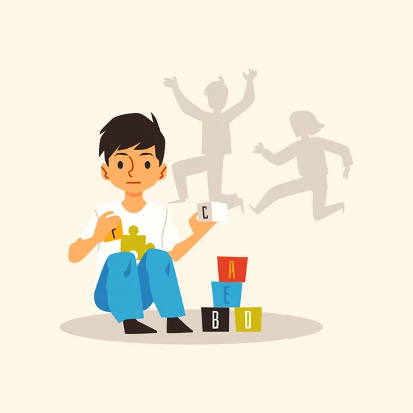 Alone kid boy with autism syndrome playing with toy cubes a vector illustration. — Vetor de Stock