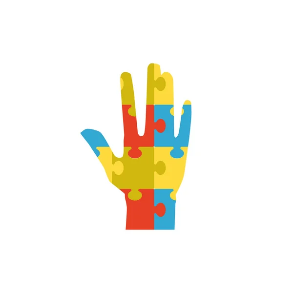 Hand aus farbigen Puzzleteilen - Symbol für Design zum Welttag des Autismus-Bewusstseins. — Stockvektor