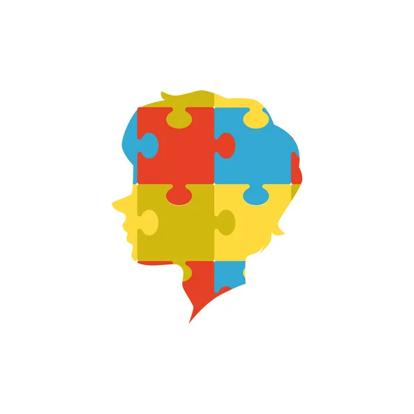 Autism emblem - kids head with puzzle pieces flat vector illustration isolated. — Vetor de Stock