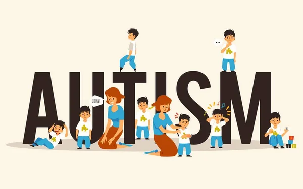 Autism banner with kids against huge word, flat vector illustration isolated. — Stok Vektör