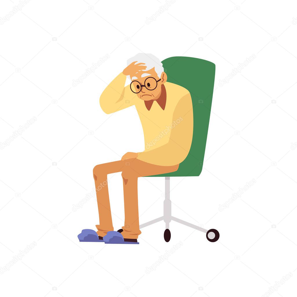 Tired aged man with headache sit on chair a flat cartoon vector illustration.