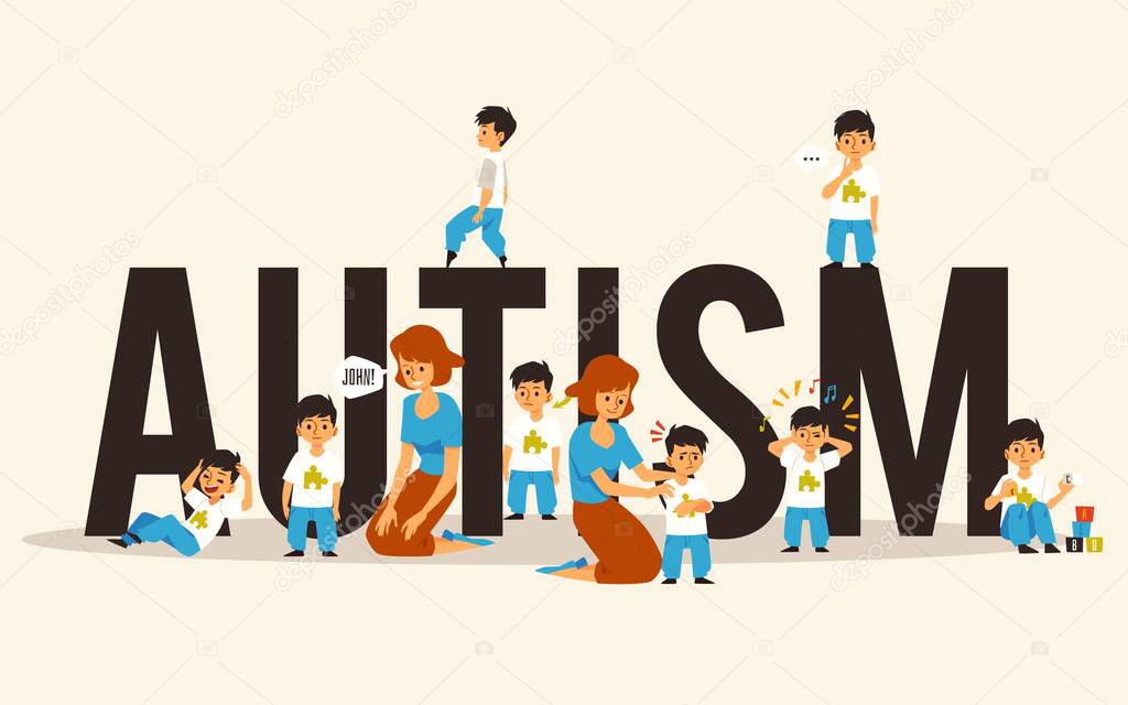 Autism banner with kids against huge word, flat vector illustration isolated.