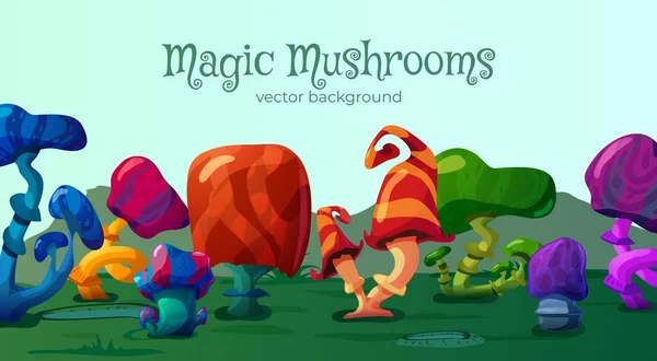 Magic fantasy mushrooms background or game scenery, flat vector illustration. — Stock Vector