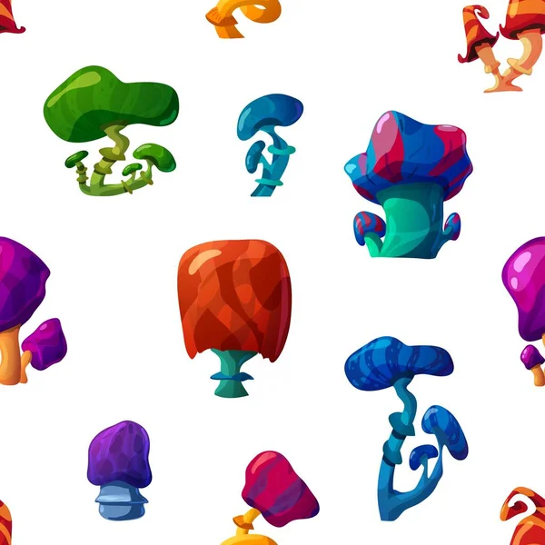 Vector colorful seamless pattern with unusual fantasy psychedelic mushrooms. — Stok Vektör