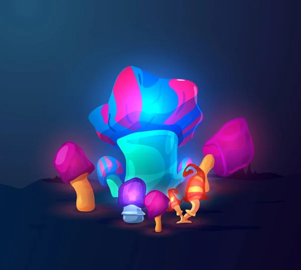 Group of glowing magic fantasy mushrooms or toadstools flat vector illustration. — стоковый вектор