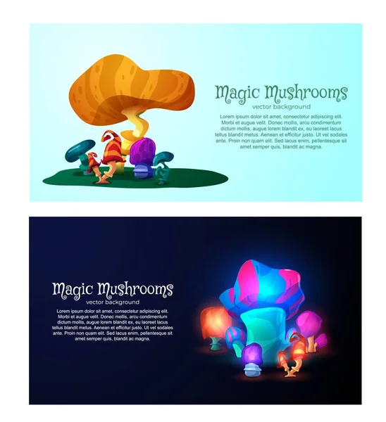 Fantasy paddenstoelen bos nacht en dag achtergronden, platte vector illustratie. — Stockvector