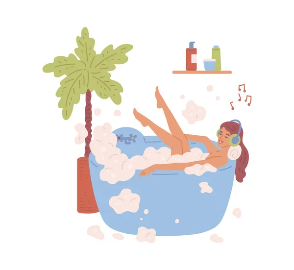 Frau im Bad genießt Zeit für sich zu Hause, flache Vektordarstellung isoliert. — Stockvektor