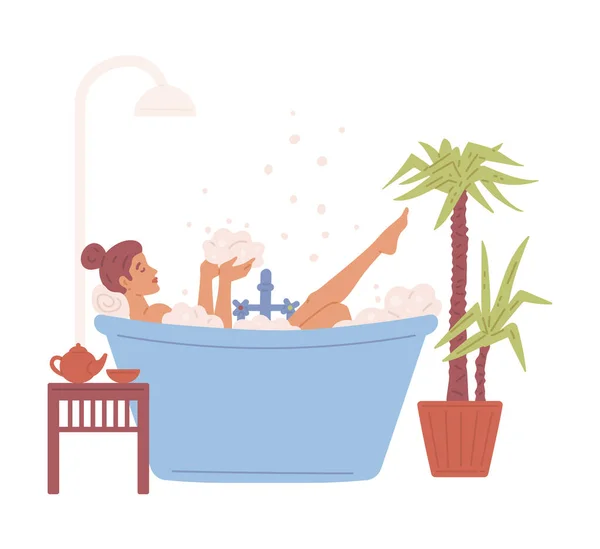 Woman enjoying bath and leisure time at home, flat vector illustration isolated. — ストックベクタ