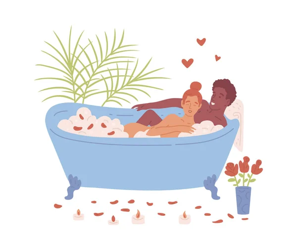 Happy man and woman in love relax together in bath with soap foam. — ストックベクタ