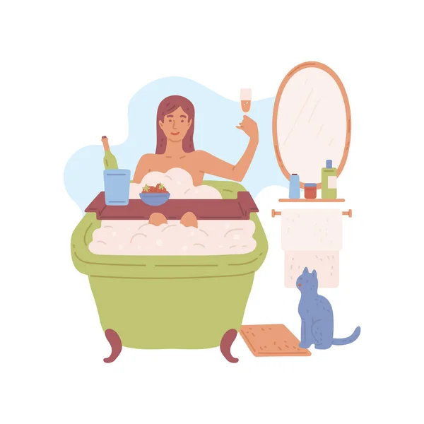 Woman with wine in bath enjoying leisure time, flat vector illustration isolated. — ストックベクタ