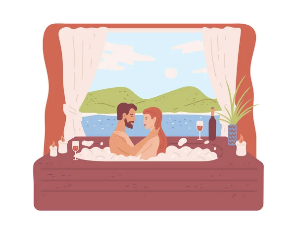 Happy couple in love relax together in bath with soap foam a vector illustration — Stock vektor