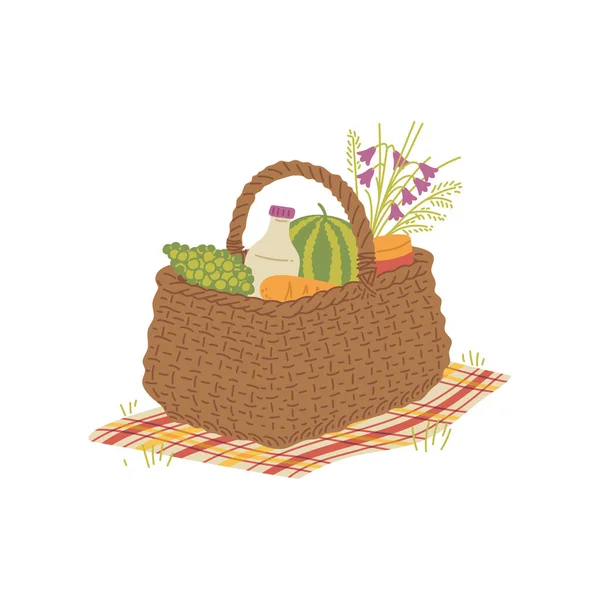 Woven picnic basket with food and snacks, flat vector illustration isolated. — Image vectorielle