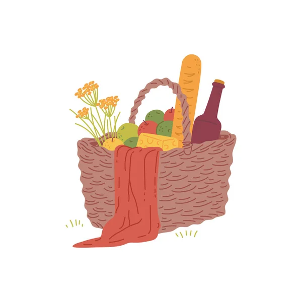Picnic basket with bottle of wine and food, flat vector illustration isolated. — Stock vektor