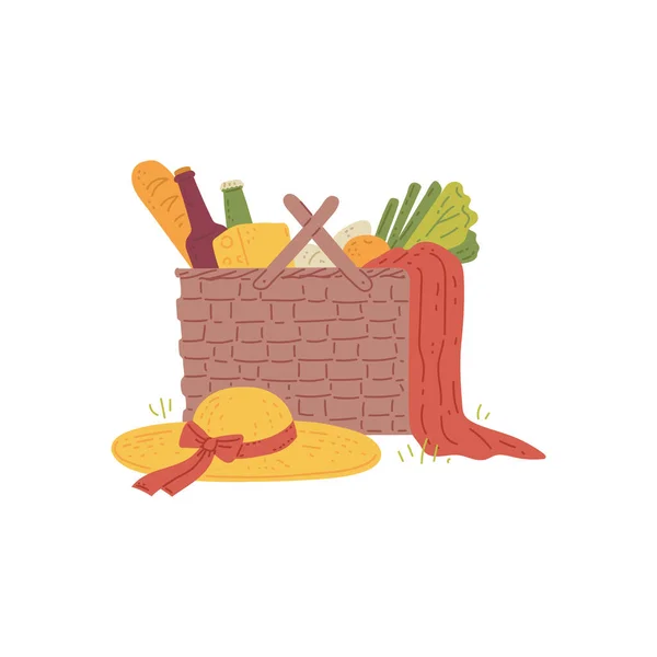 Picnic basket with food and summer sun hat, flat vector illustration isolated. — ストックベクタ