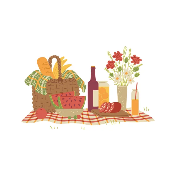 Picnic still life with food on tablecloth, flat vector illustration isolated. — Image vectorielle
