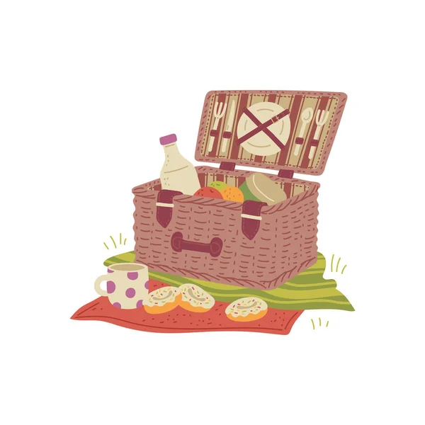 Wicker picnic basket on tablecloth with fresh food for lunch — Stok Vektör
