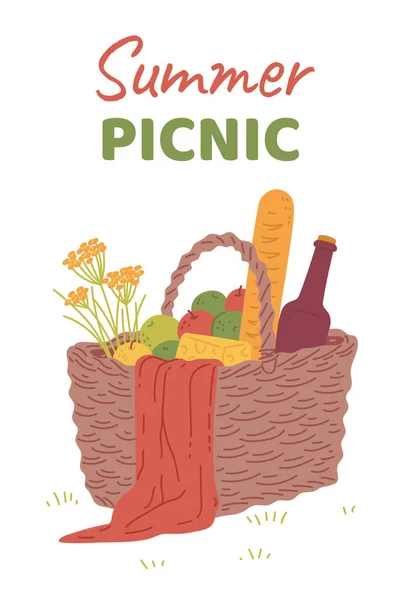Summer picnic party banner template with food basket, flat vector illustration. — Vector de stock