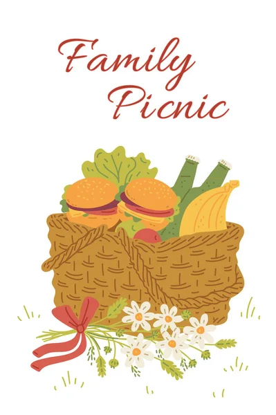 Family picnic card with food basket and flowers, flat vector illustration. — Vettoriale Stock