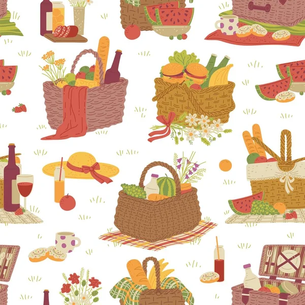 Vector seamless background with wicker picnic baskets full fresh food for lunch. — Stock Vector